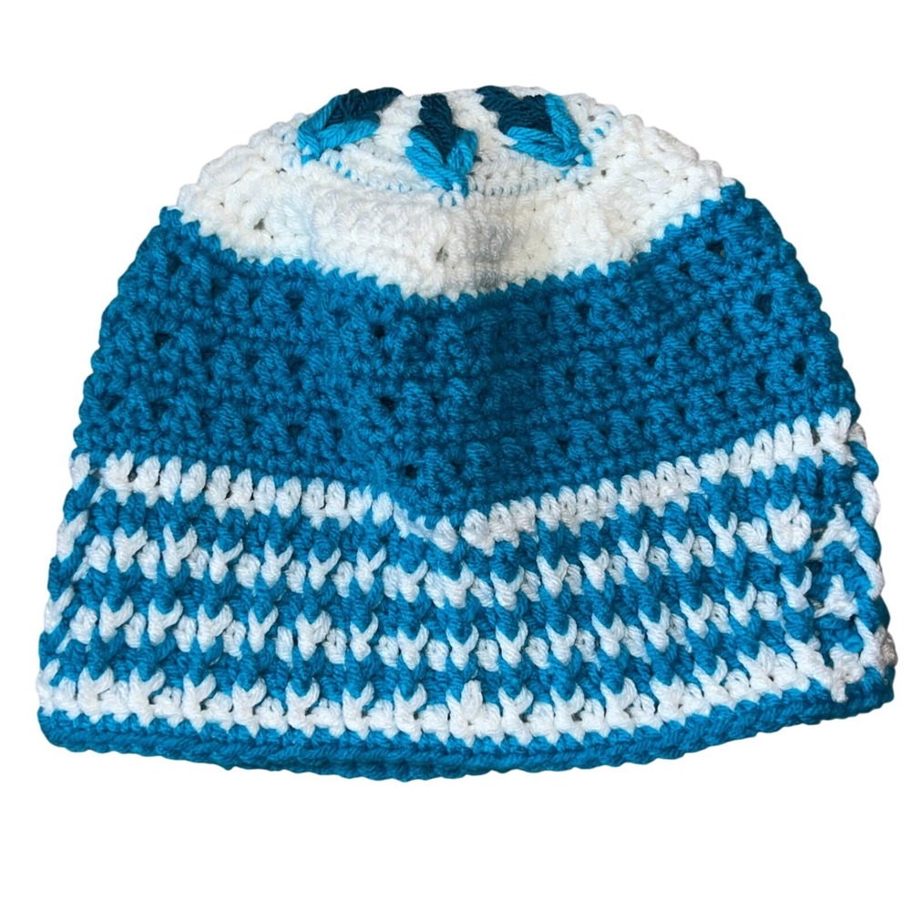 Handmade Crochet Beanie Blue White Snowflake Knit Winter Hat Women Striped Boho